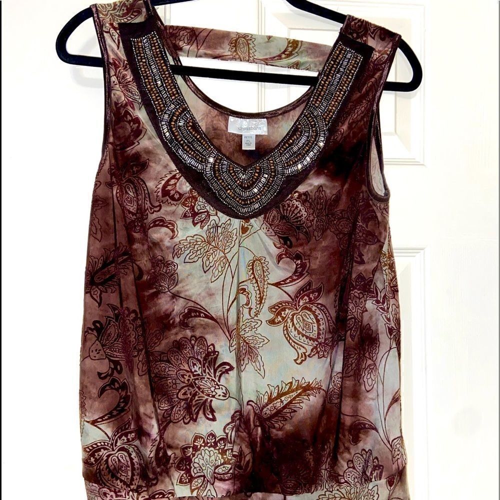 Dress barn embellished neckline cinched waist sleeveless blouse